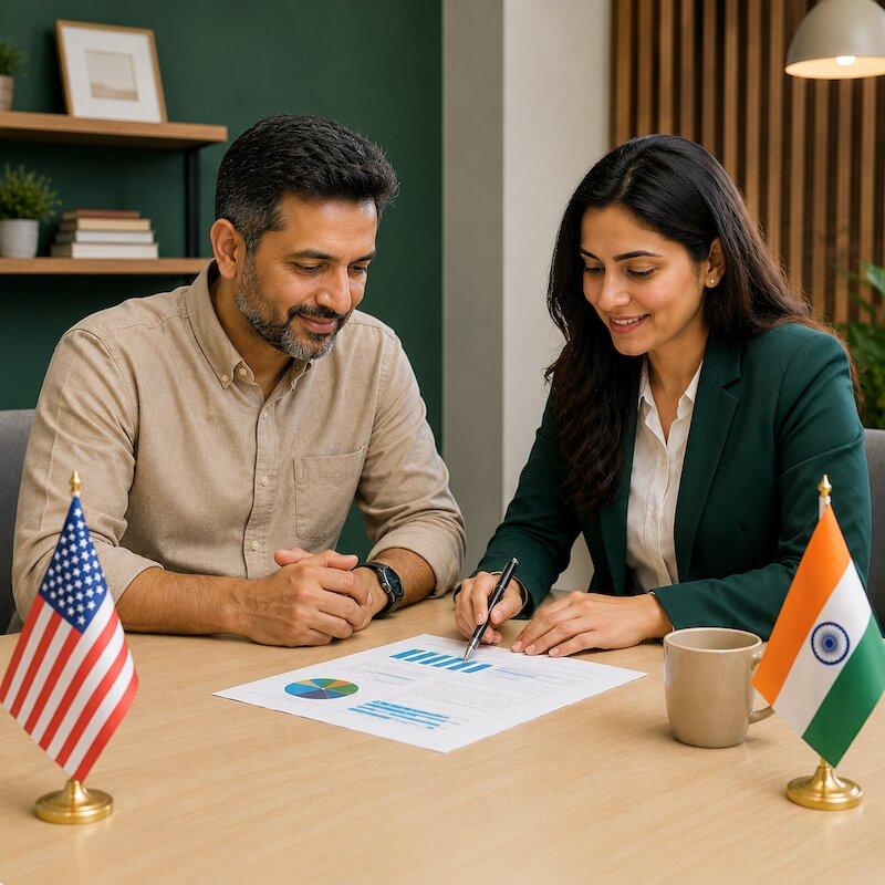 A financial advisor reviewing FBAR and FATCA compliance with an NRI client, US and India flags on the table