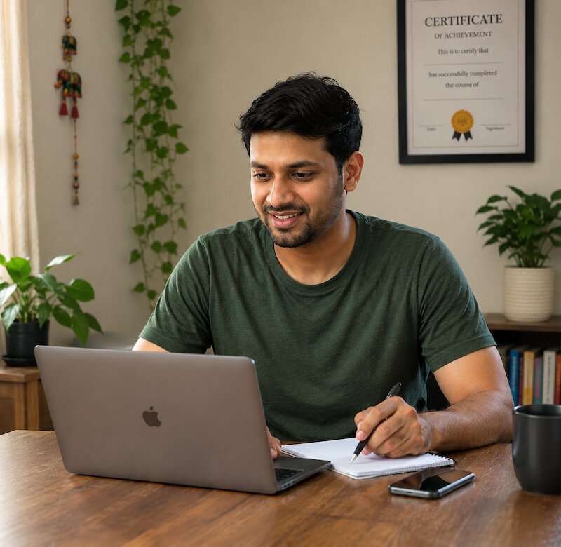 A US-based NRI reviewing his foreign account filings from his laptop at home